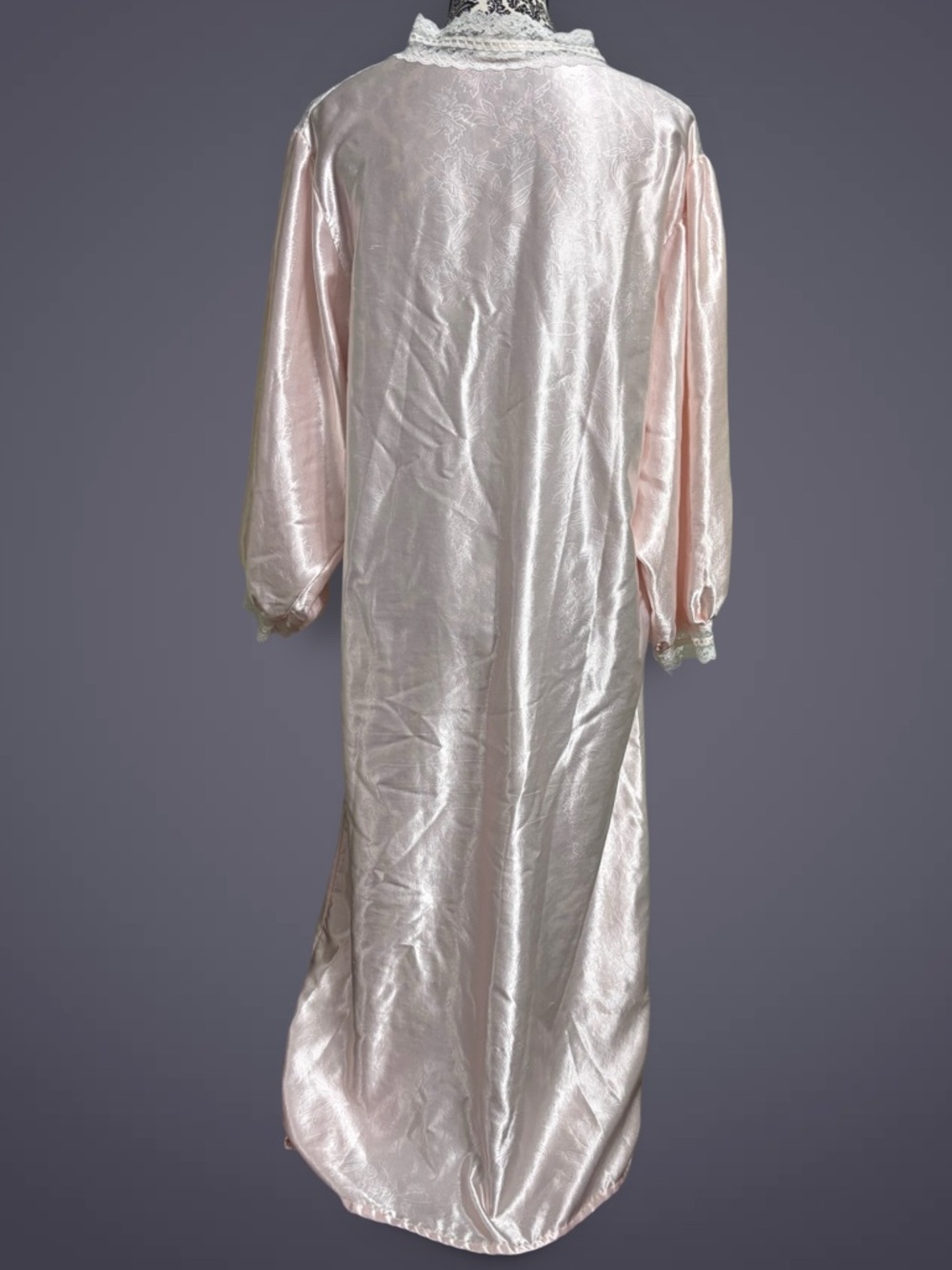 Vintage Soft Pink Satin Full Length Nightgown Lace Trim Poofy Long Sleeves L - Picture 2 of 12